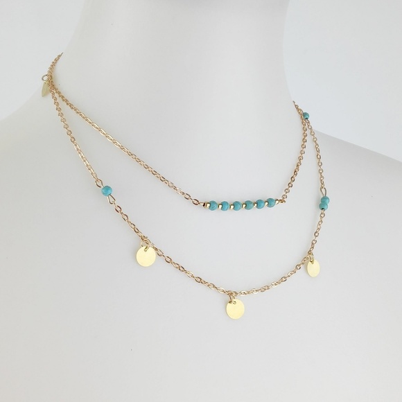 Double Strung BOHO Gold Turquoise Necklace - Picture 2 of 5
